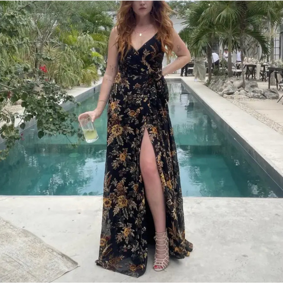 Hutch Black Burnout Velvet Slip Maxi Dress MEDIUM Floral Wrap Gown Designer $319 - Picture 7 of 11